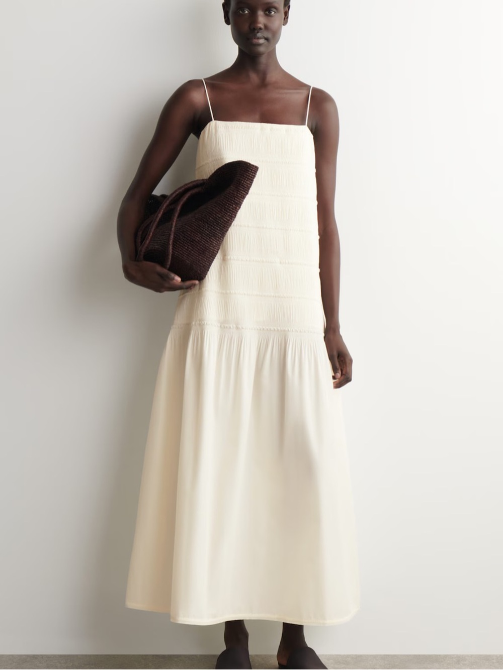 Ruched Dropped-Waist Poplin Midi Dress Cream 100% Cotton Lining - Picture 2 of 6